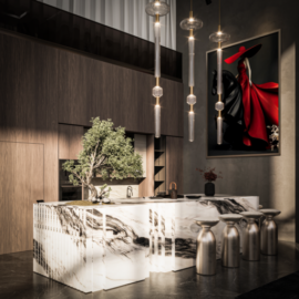 Private residence living room — fluted stone, floor-to-ceiling glazing, Jumeirah Dubai