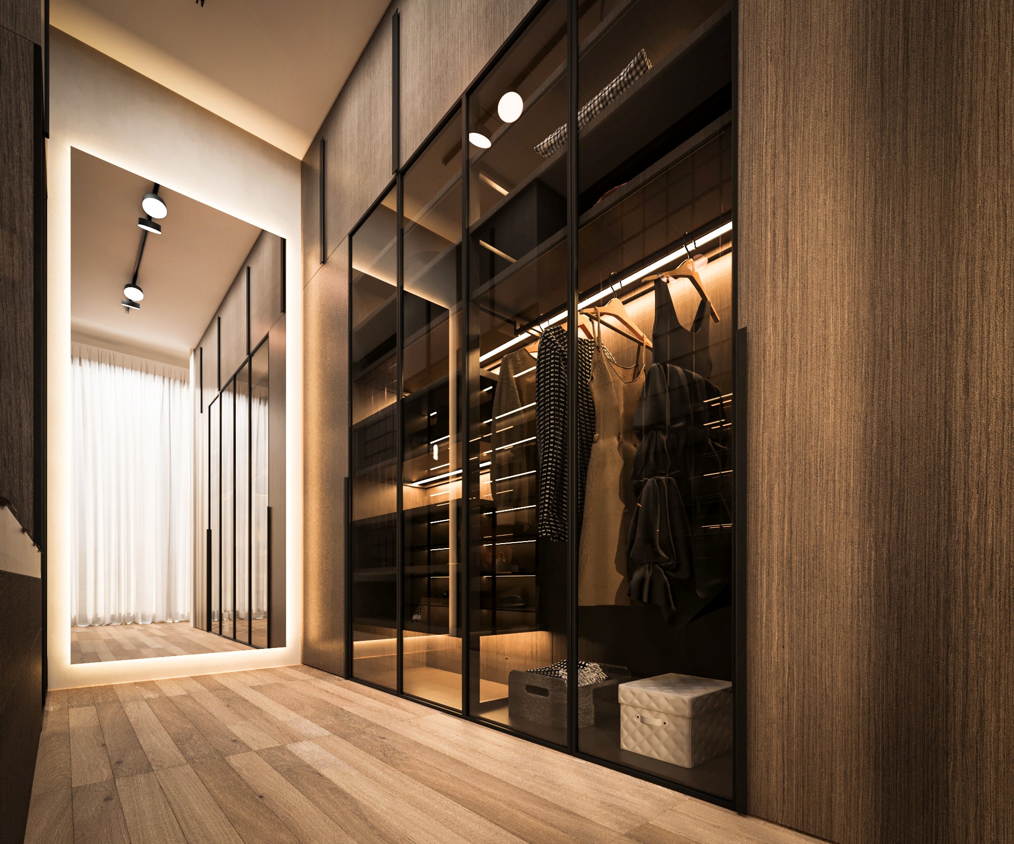 Bespoke walk-in wardrobe dressing gallery — smoked walnut, backlit cabinetry, Meydan Dubai
