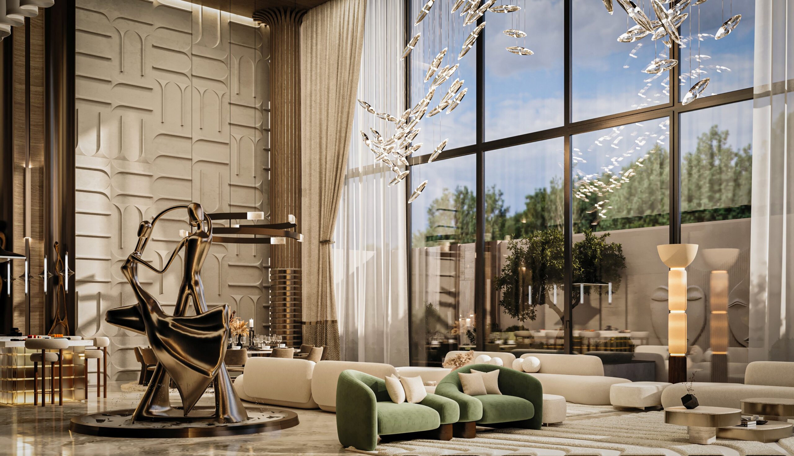 Grand double-height majlis — green marble, crystal chandelier, Nad Al Shiba Dubai